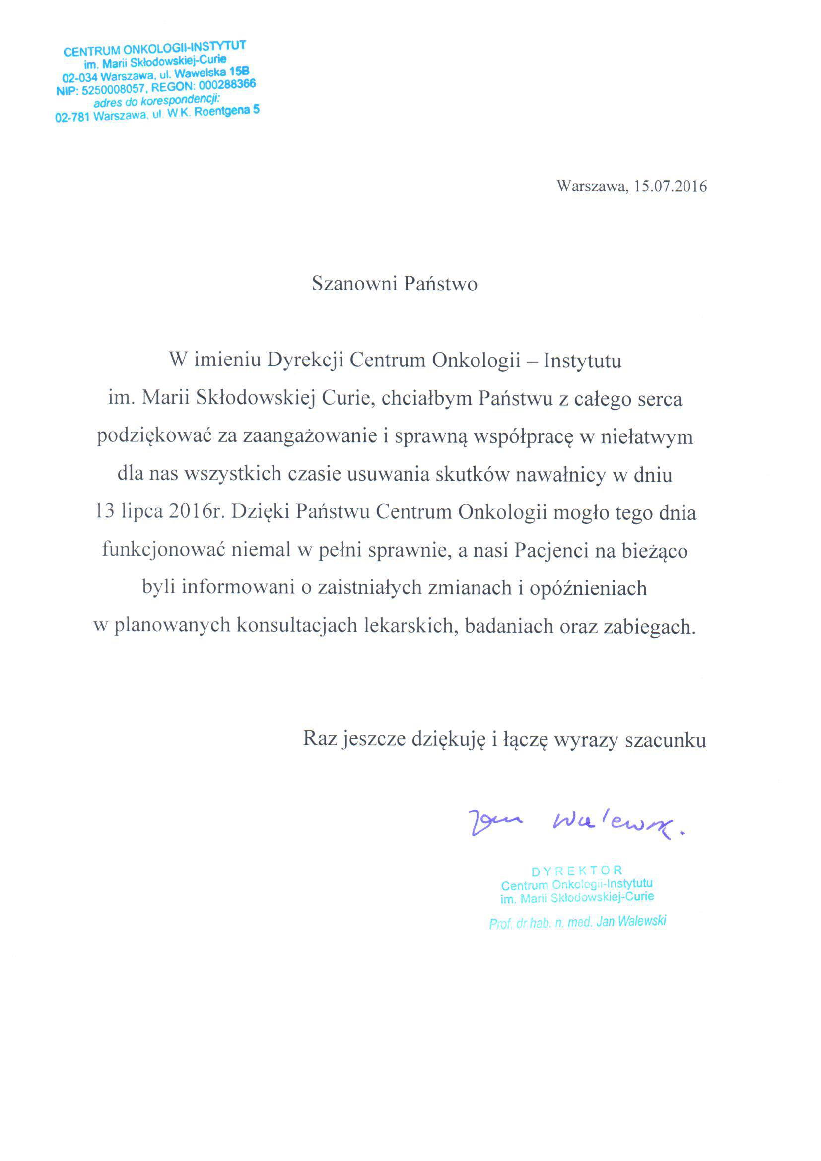 List z podziękowaniami dyrektora